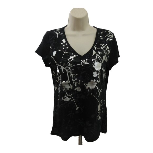 TAHARI Womens Tee-Shirt Top Size Medium Black Silver Metallic Cap Sleeve NEW $68 - Picture 1 of 7